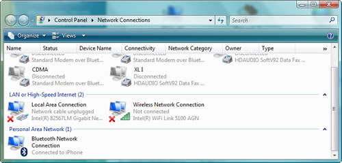 Control Panel > Network Connections > Personal Area Network > Bluetooth Network Connection > Connected to iPhone Control Panel > Network Connections > Personal Area Network > Bluetooth Network Connection > Connected to iPhone