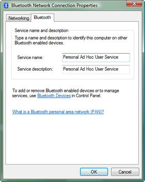 Bluetooth Network Connection Properties > Bluetooth tab > Service name and description : Type a name and description to identify this computer on other Bluetooth enabled devices. Service name - Service description : Personal Ad Hoc User Service. To add or remove Bluetooth enabled devices or to manage services, use Bluetooth Devices in Control Panel.