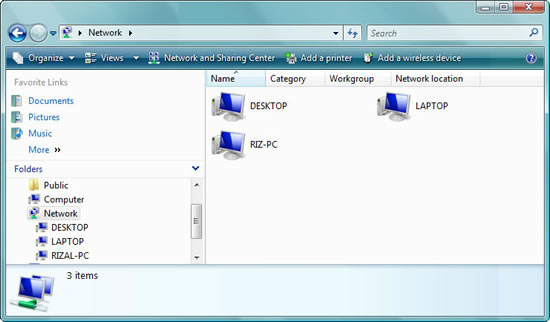 Windows Vista > Network folder : all three computers (DESKTOP, LAPTOP, RIZ-PC) are connected via iPhone 3G wireless access point.