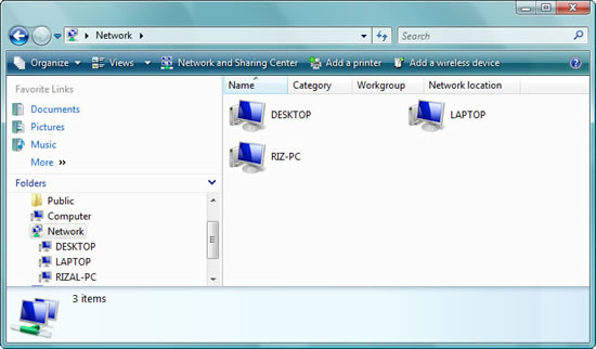 Windows Vista > Network folder : all three computers (DESKTOP, LAPTOP, RIZ-PC) are connected via iPhone 3G wireless access point. Windows Vista > Network folder : all three computers (DESKTOP, LAPTOP, RIZ-PC) are connected via iPhone 3G wireless access point.