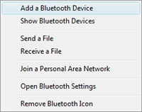 Windows Vista Bluetooth taskbar icon on desktop PC : select Add a Bluetooth Device. Windows Vista Bluetooth taskbar icon on desktop PC : select Add a Bluetooth Device.