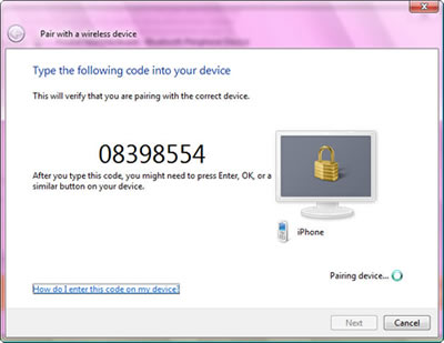 Pair with a wireless device : Type the following code into your device : This will verify that you are pairing with the correct device. <the pairing code> 08398554. After you type this code, you might need to press Enter, OK, or a similar button on your device. <hyperlink> How do I enter the code on my device. iPhone. Pairing device...