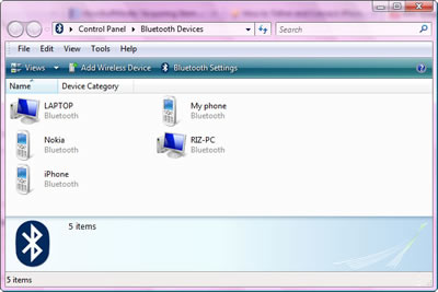 Control Panel > Bluetooth Devices > File - Edit - View - Tools - Help; Views - Add Wireless Device - Bluetooth Settings; LAPTOP, My phone, Nokia, RIZ-PC, iPhone; 5 items. Control Panel > Bluetooth Devices > File - Edit - View - Tools - Help; Views - Add Wireless Device - Bluetooth Settings; LAPTOP, My phone, Nokia, RIZ-PC, iPhone; 5 items.