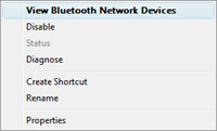 Network Connections > Bluetooth Network Connection right-click menu : View Bluetooth Network Devices selected Network Connections > Bluetooth Network Connection right-click menu : View Bluetooth Network Devices selected