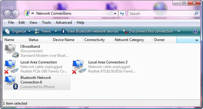 Windows Vista > Network Connections > menubar : Organize - Views - View Bluetooth network devices - Disconnect this connection; Bluetooth Network Connection 6 Connected to iPhone.