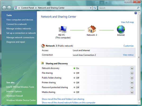 Network and Sharing Center : This computer (RIZ-PC) is connected to Intenet via Network 2 as Internet gateway. Network and Sharing Center : This computer (RIZ-PC) is connected to Intenet via Network 2 as Internet gateway.