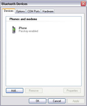 Windows XP > Bluetooth Devices > Devices tab : iPhone Passkey enabled under Phones and modems. Windows XP > Bluetooth Devices > Devices tab : iPhone Passkey enabled under Phones and modems.
