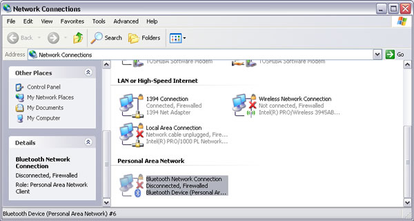 Windows XP > Network Connections : Bluetooth Network Connection, Disconnected, Firewalled. Role: Personal Area Network Client